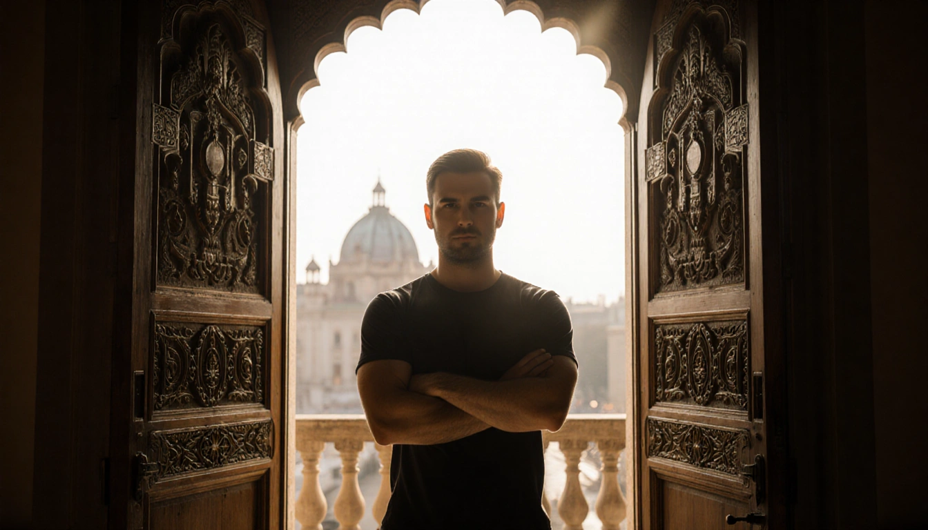 Dmytro Firtash stands with arms crossed against a carved wooden door with faint Indian architectural hints and golden light V