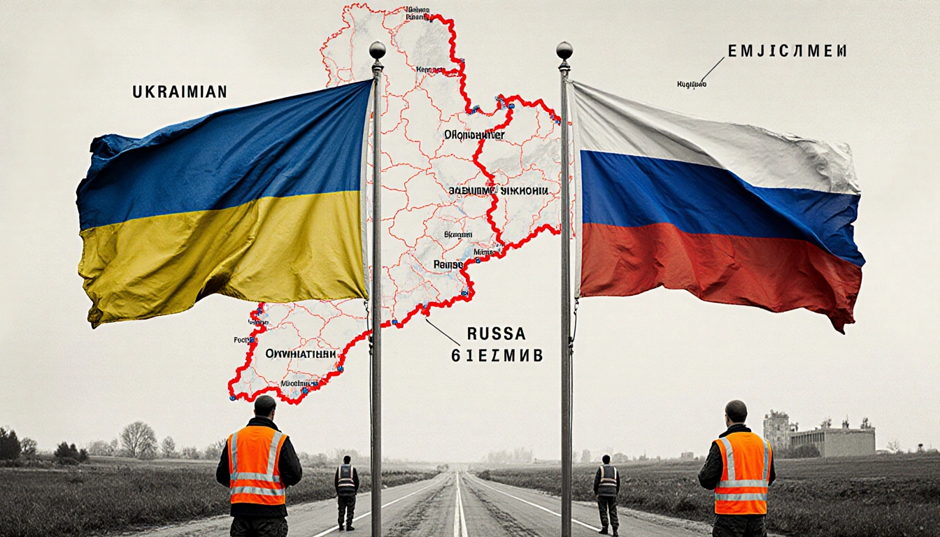 Ukrainian flag fading beside Russian flag with DMZ line and Donbas map in background and observers in orange vests