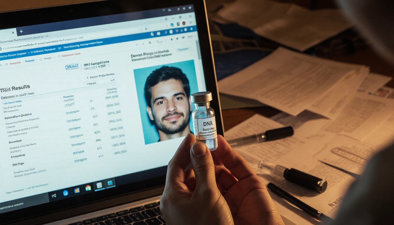 Detective's hands holding a DNA evidence vial with light illuminating forensic laboratory laptop showing database results.