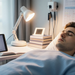 Young adult lying on table with warm and blue blanket and tablet titled Flu or COVID medical books