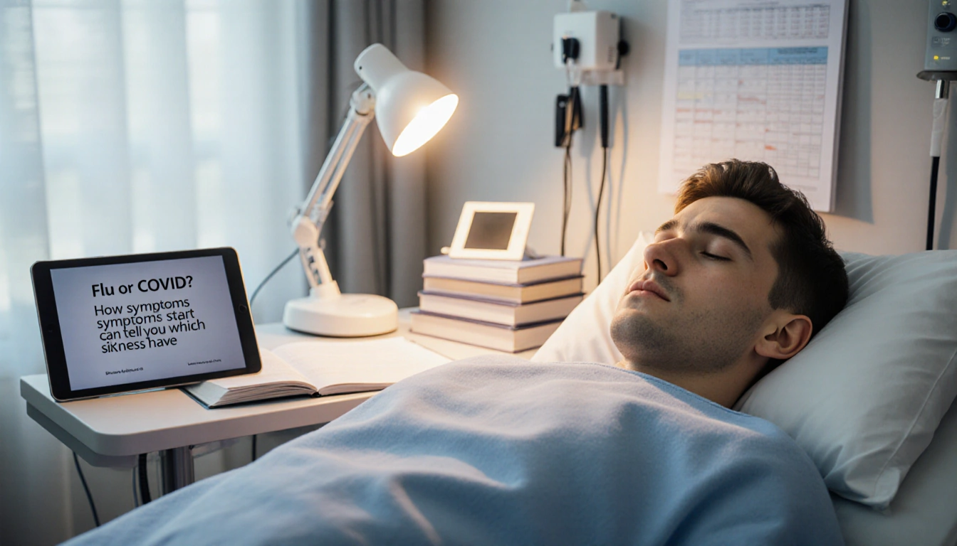 Young adult lying on table with warm and blue blanket and tablet titled Flu or COVID medical books