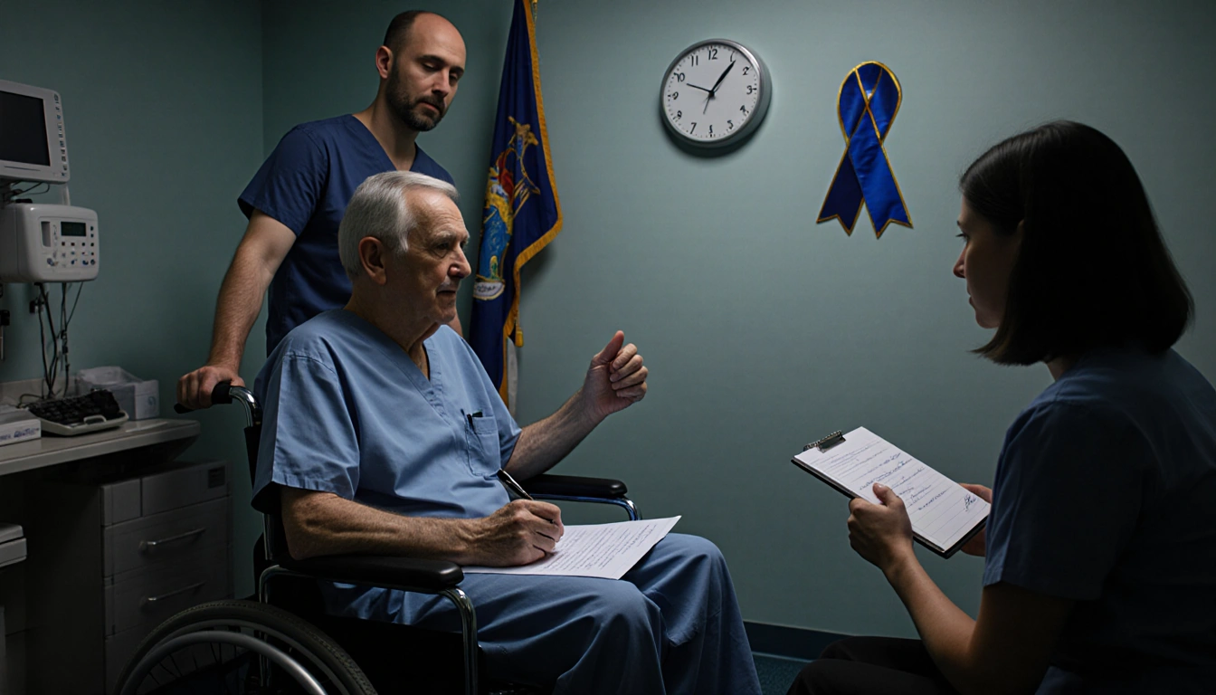 Patient in wheelchair holding written request with doctor nodding beside and witness signing in a dim doctor's office