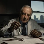 Older doctor with worn brown gloves holding a clear vial with dimly lit cabinets and scattered papers near LA cityscape.