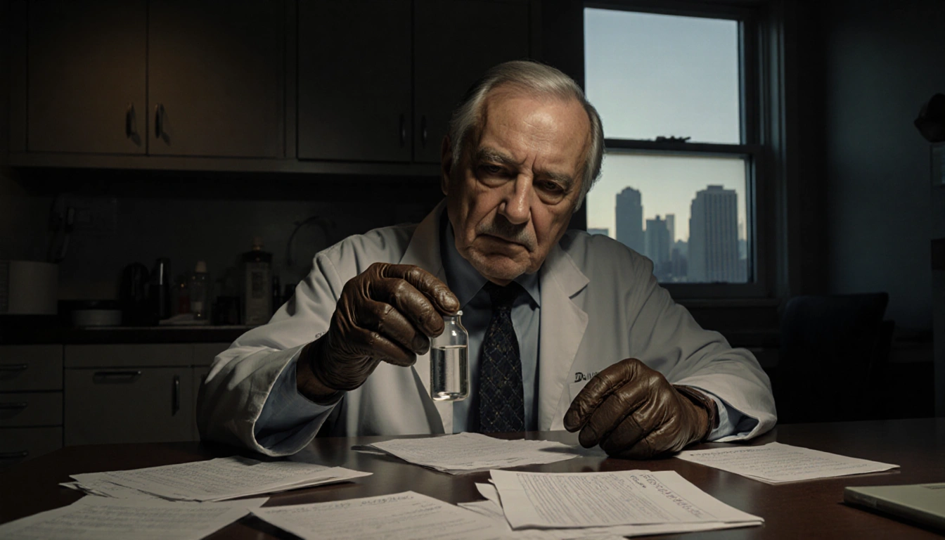 Older doctor with worn brown gloves holding a clear vial with dimly lit cabinets and scattered papers near LA cityscape.