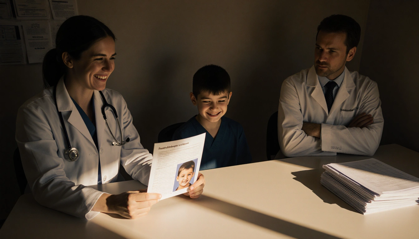 Seated young person listens to two doctors with warm smile and stern posture and prescription pad showing child’s face in lig