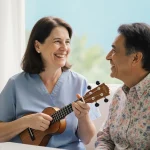 Dr. Carolyn Phillips holding a ukulele with a patient smiling beside her in soft natural light and calming colors