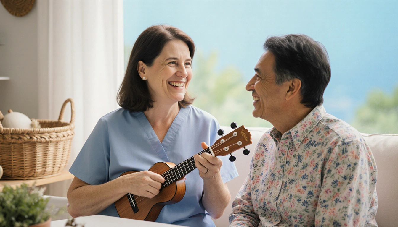 Dr. Carolyn Phillips holding a ukulele with a patient smiling beside her in soft natural light and calming colors