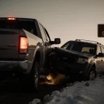 Dodge truck colliding with Ford Escape in ravine with headlight glow and Milam County marker