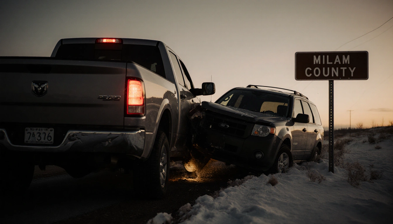 Dodge truck colliding with Ford Escape in ravine with headlight glow and Milam County marker
