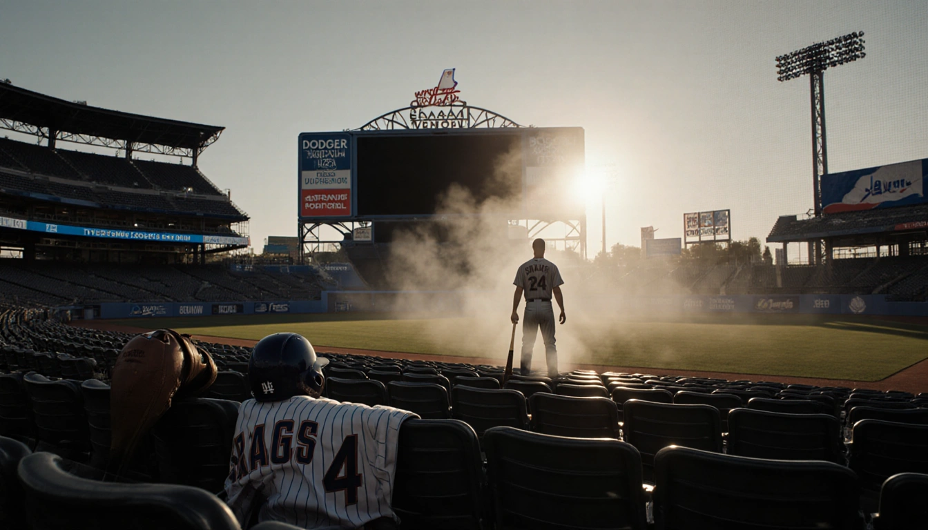 A baseball bat leans against a bench with empty Dodger Stadium seats and a smoky ghost of a player behind the bright scoreboa