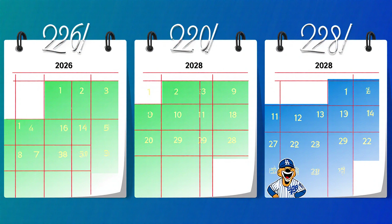 Calendar spans three years with bold red lines dividing deferred payments into green-to-blue gradients and Dodgers logo.