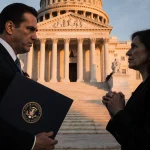 Federal official confronts determined politician near U.S. Capitol at dusk with Supreme Court file and lawsuit.