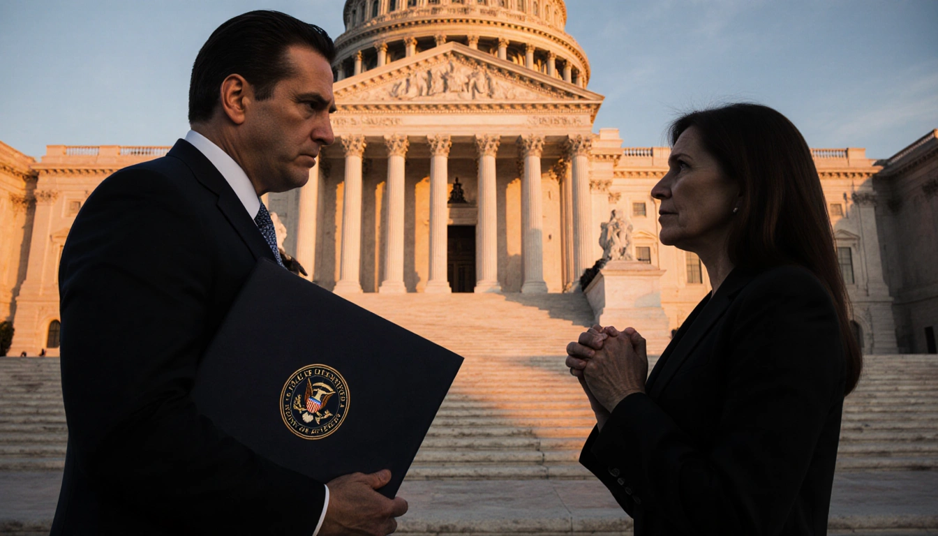Federal official confronts determined politician near U.S. Capitol at dusk with Supreme Court file and lawsuit.