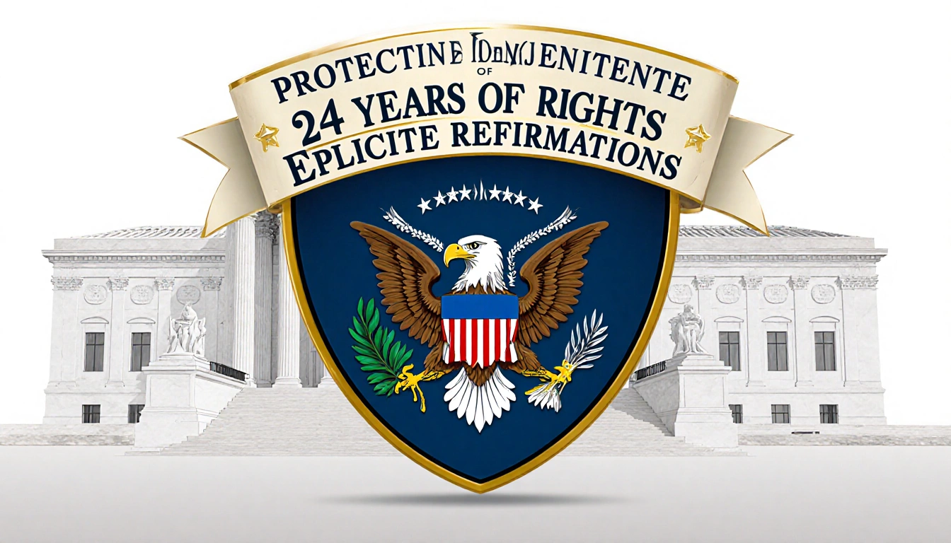 DOJ shield stands with golden banner reading Protecting 234 Years of Rights above it and Supreme Court building behind.