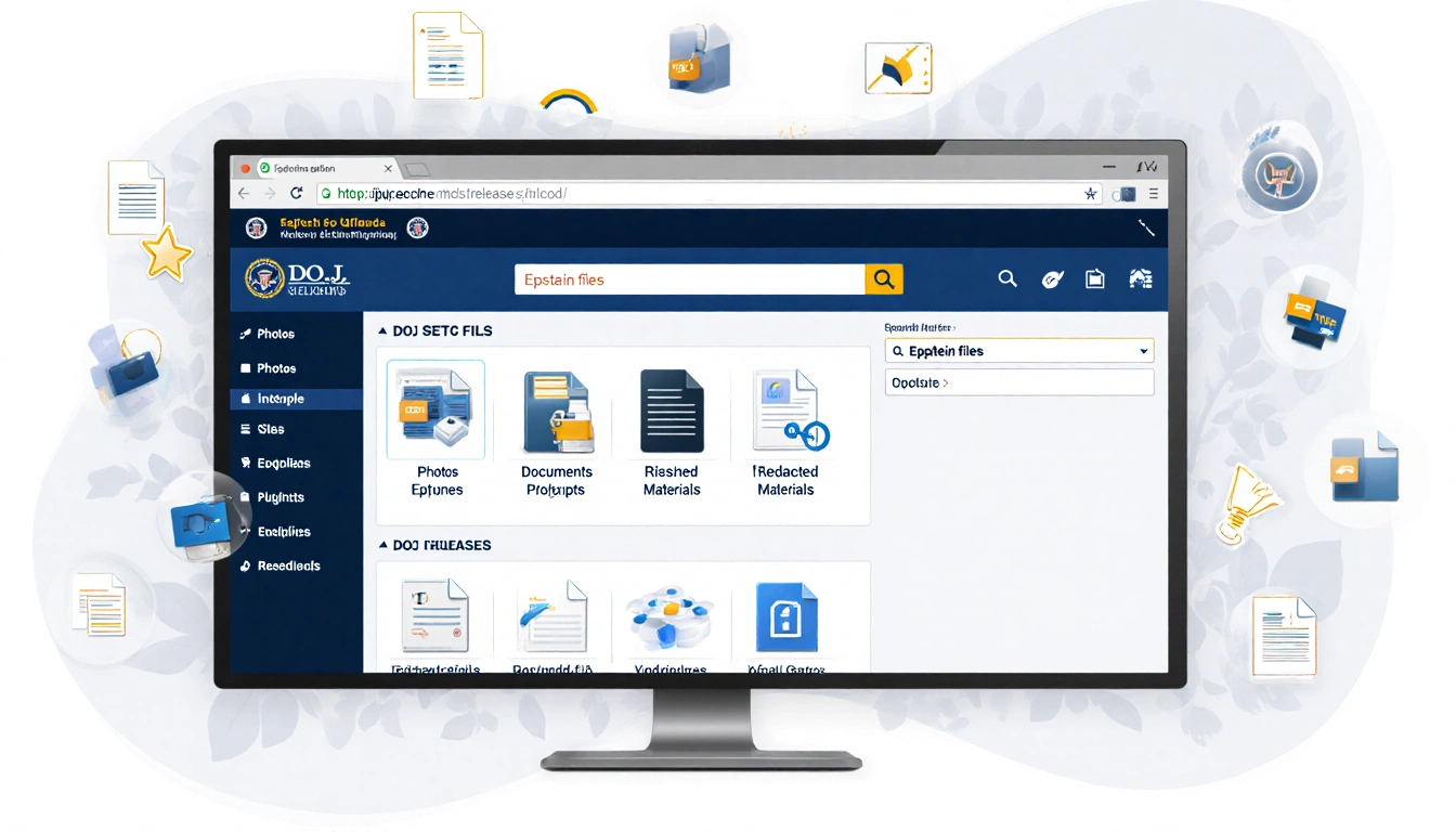 Computer screen shows DOJ homepage with labeled sections and search bar and scattered file icons.