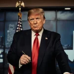 Donald Trump standing with a pen looking determined against a backdrop of a large American flag and the Texas Capitol
