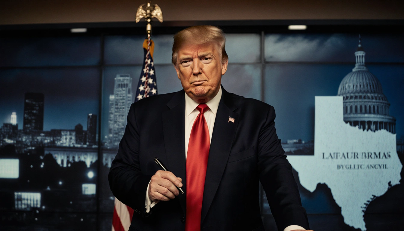 Donald Trump standing with a pen looking determined against a backdrop of a large American flag and the Texas Capitol