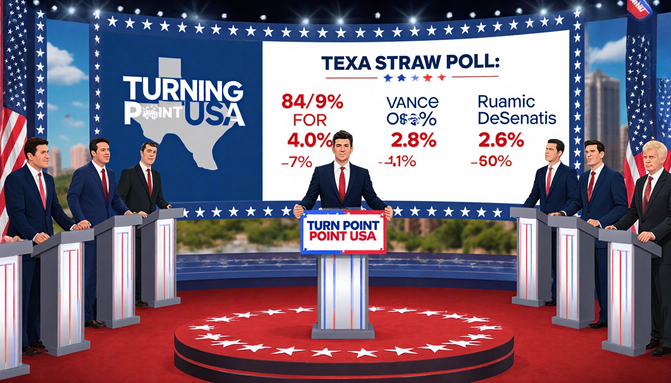 Donald Trump Jr. stands holding a Turn Point USA banner with a screen with results behind on a Texas Republican debate stage