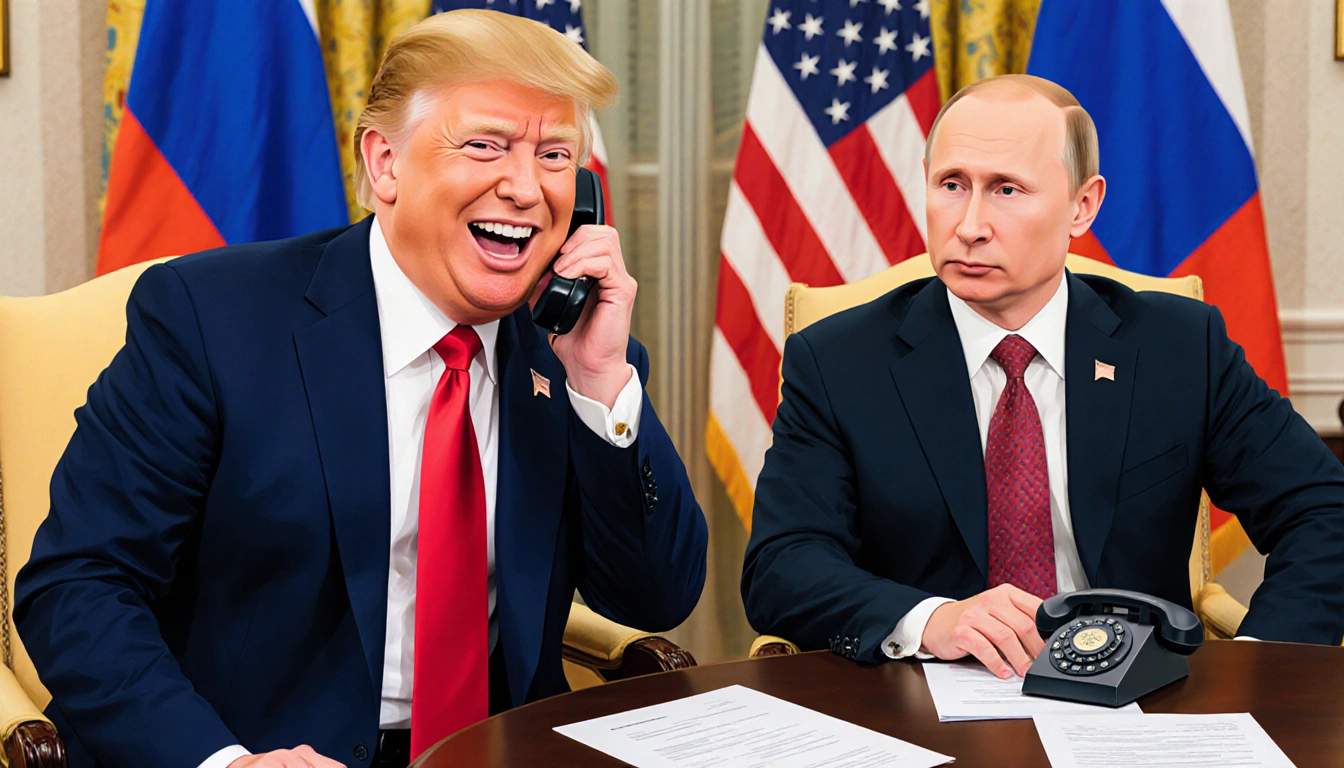 Donald Trump speaking on a phone with Vladimir Putin in a cozy setting with flags in background and diplomatic notes nearby