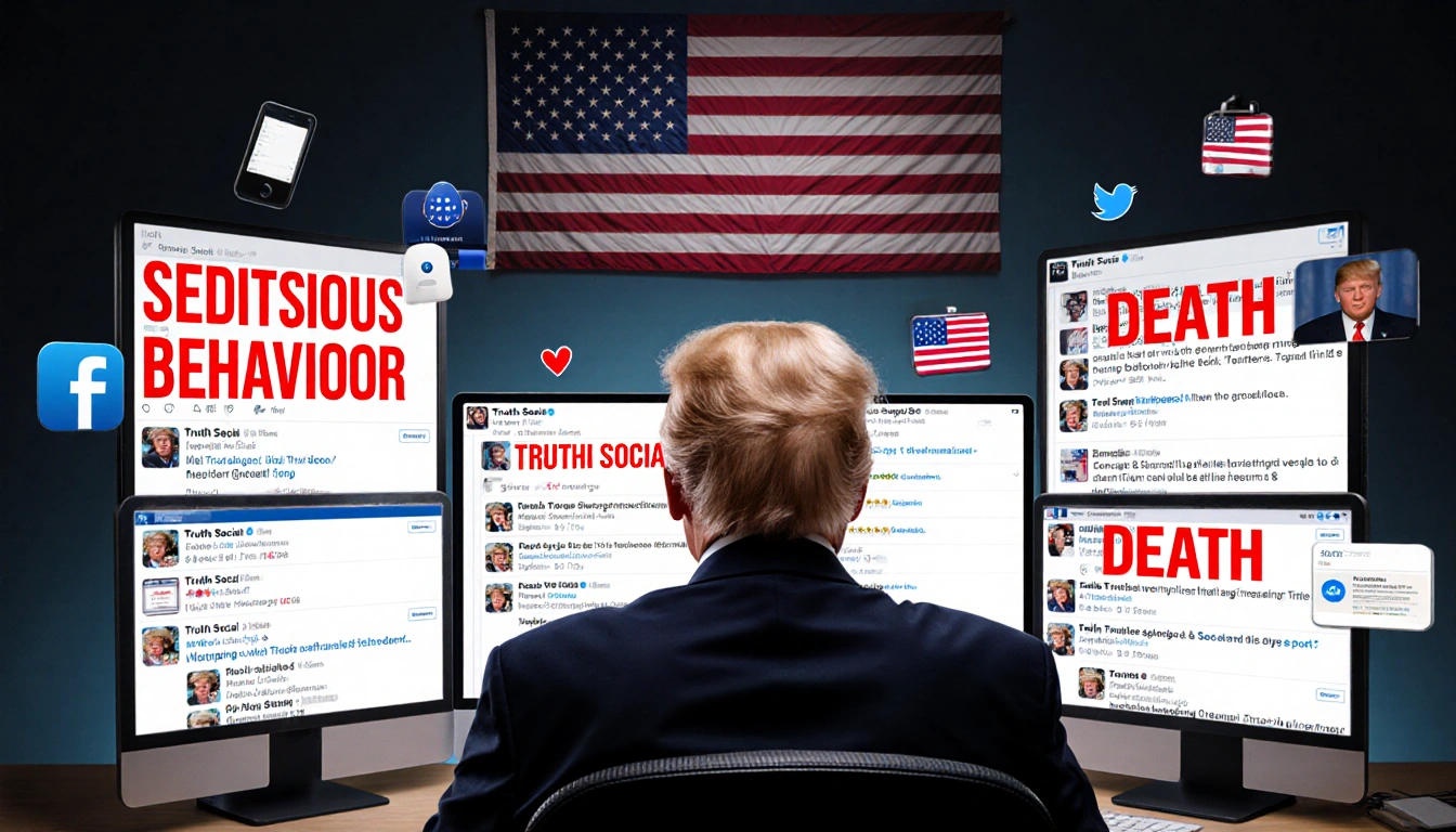 Donald Trump sits at a computer with multiple screens showing his posts and a flag hanging overhead