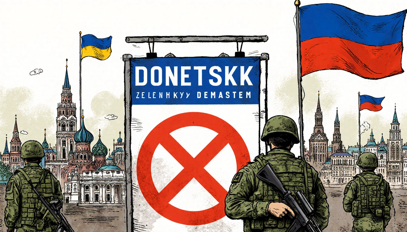 Ukrainian troops hold a cityscape with Russian flags in background and a large No sign in foreground.