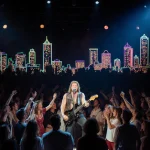 Donnie Van Zant singing with a spotlight and neon cityscape behind a sea of retro fans.