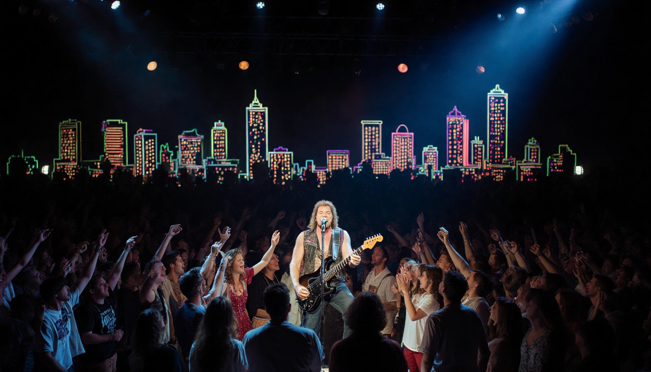 Donnie Van Zant singing with a spotlight and neon cityscape behind a sea of retro fans.