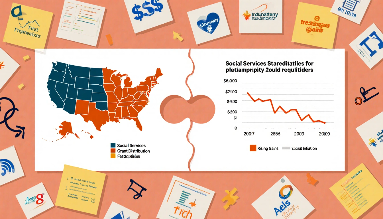 Puzzle pieces overlapping show donors balancing philanthropy priorities with a social services map and a financial chart.