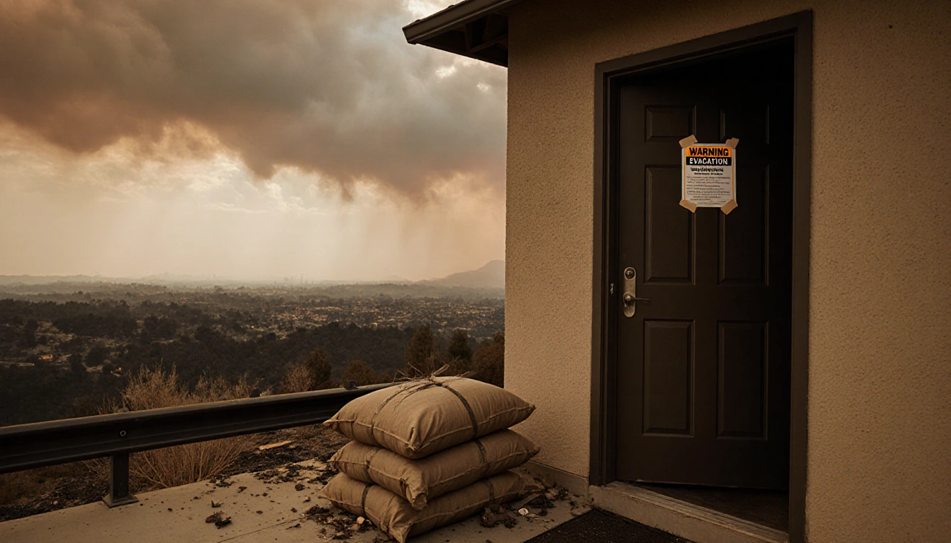 Door reveals taped warning notice with sandbags and K-rail near entrance and stormy sky overhead