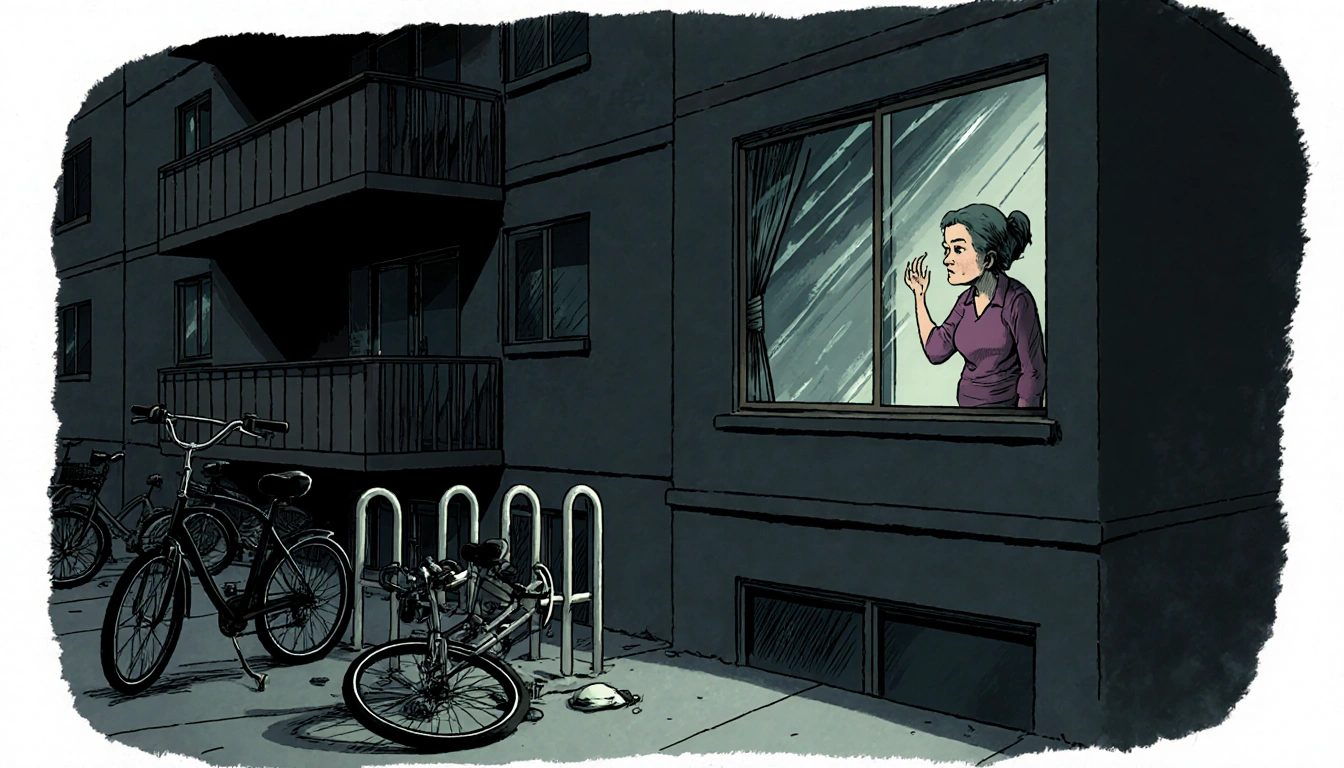 Dorothy Kinchion stands on balcony looking concerned with lights flickering and an e-bike nearby hinting at fire hazard.