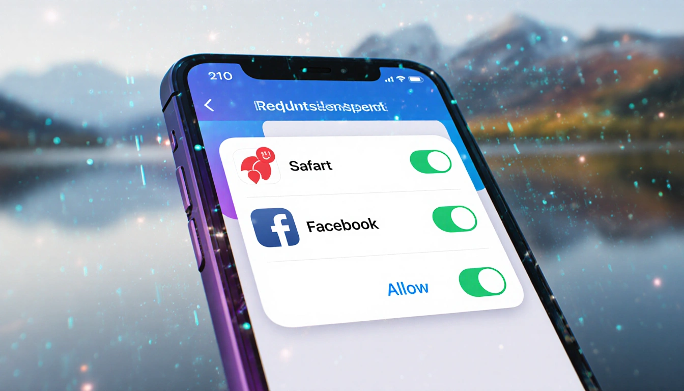 iPhone screen shows Safari and Facebook icons with a dialog containing red deny and blue allow buttons double consent
