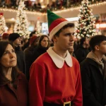 Mother watches son in bright red elf costume with warm golden Christmas mall lights