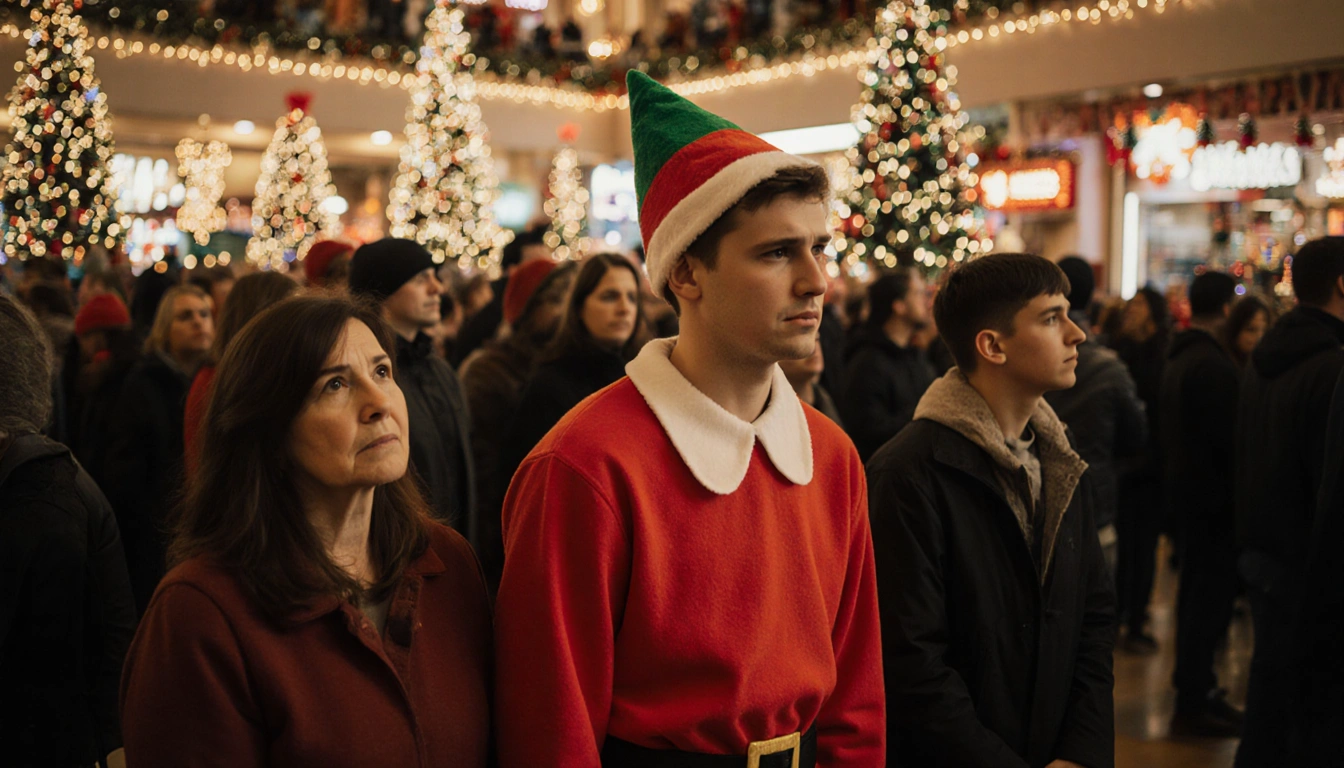 Mother watches son in bright red elf costume with warm golden Christmas mall lights
