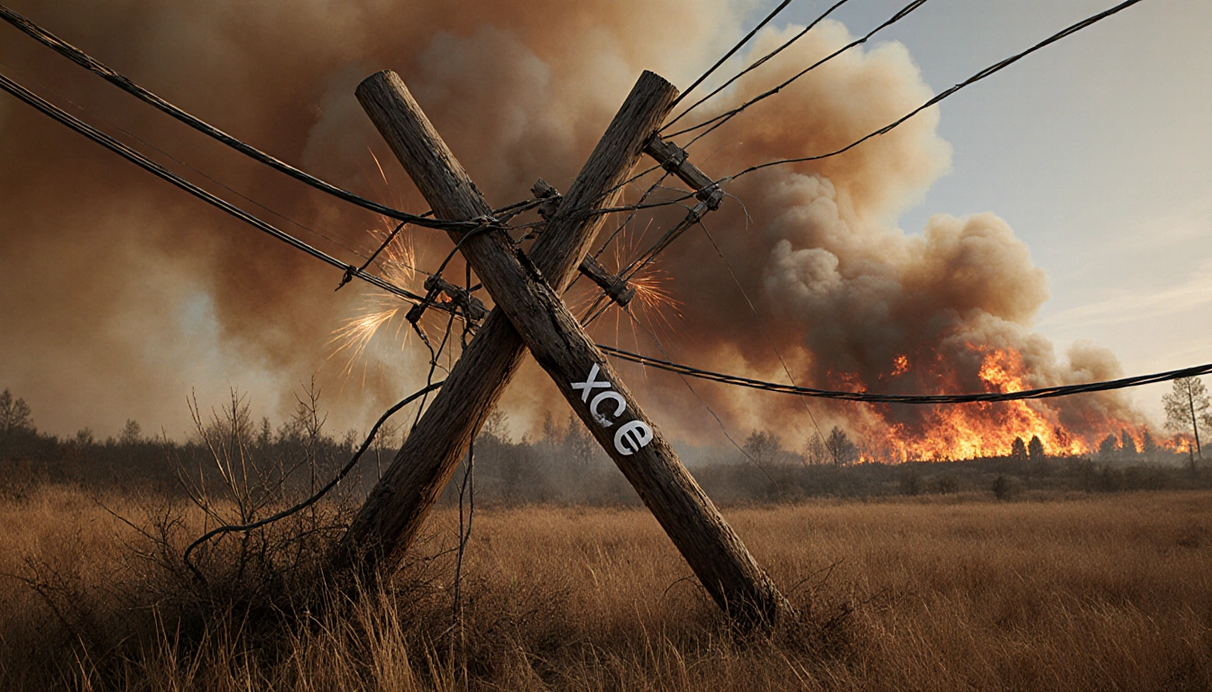 Broken power pole lies on dry grass with tangled power lines and sparks near foliage smoky wildfire rages in the background