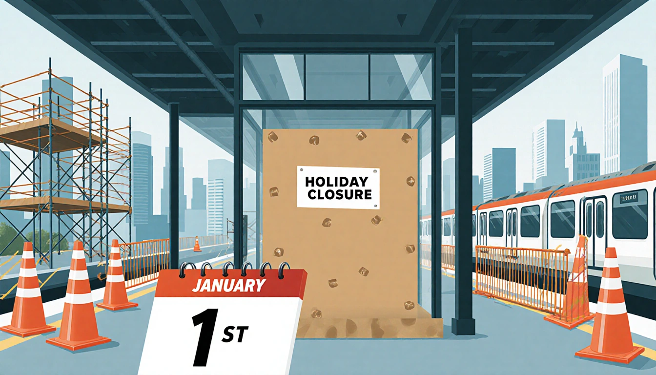 Downtown station platform displays holiday closure sign with construction cones and a calendar showing January 1
