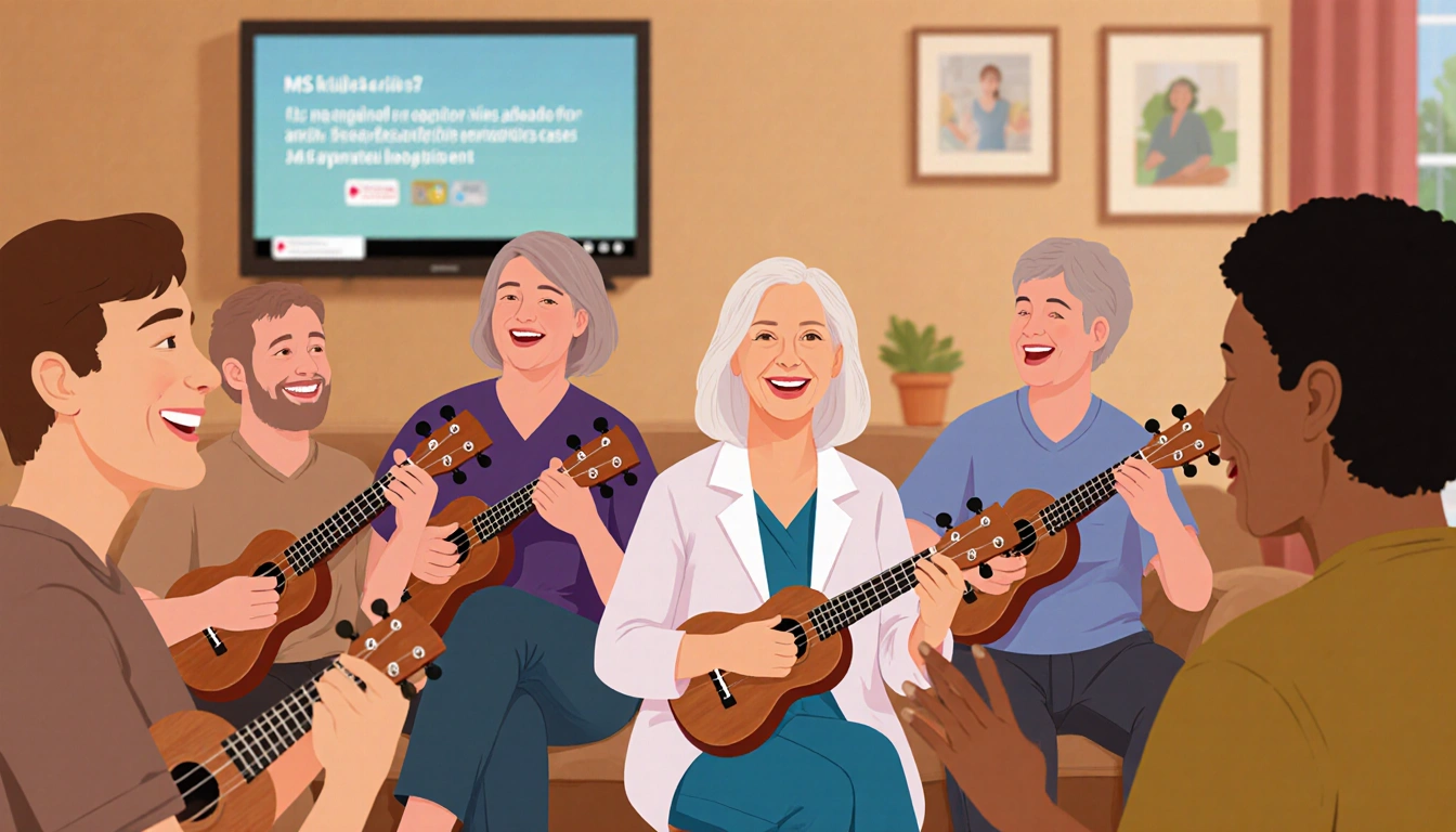 Dr. Carolyn Phillips strums ukulele with smiling MS patients around her on a couch in warm colors and a TV screen