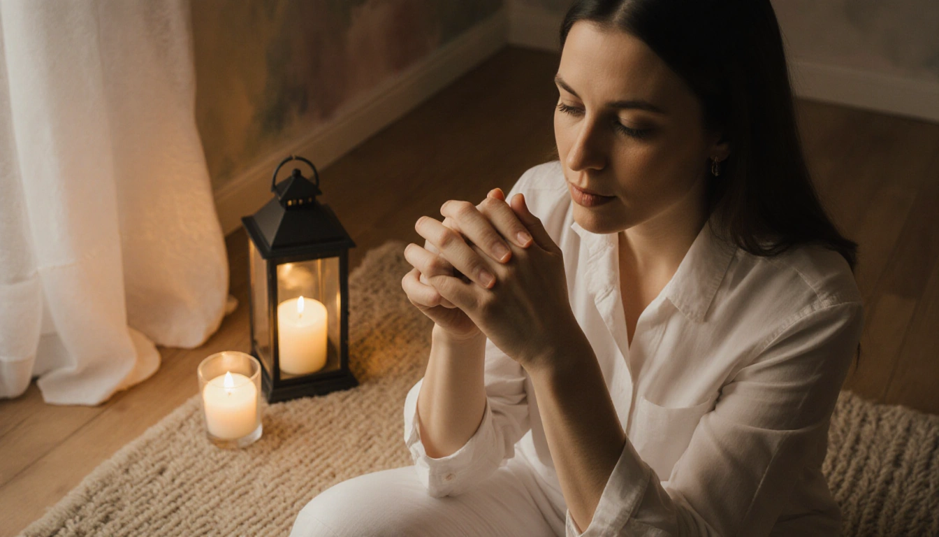 Dr. Jess Tranchina sits on a soft rug with hands clasped in self-compassion gazing down in candle-lit room with warm golden g