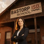 Dr. Kristi Lee stands confidently with arms crossed in front of Bastrop ISD school building at sunset