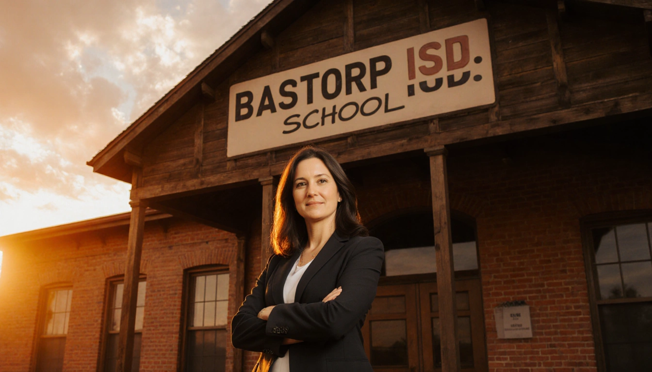 Dr. Kristi Lee stands confidently with arms crossed in front of Bastrop ISD school building at sunset