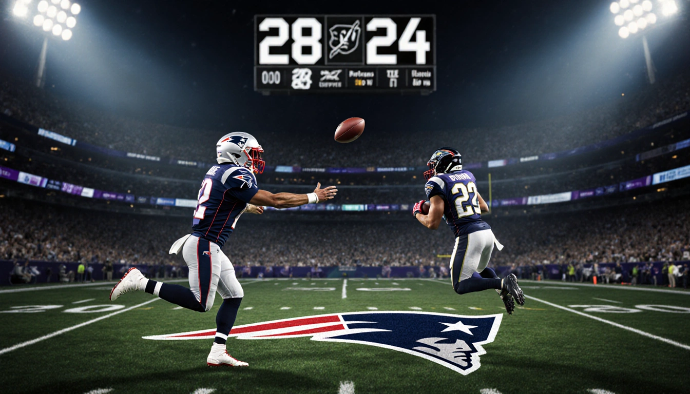 Drake Maye throws a pass to Stevenson on a night football field with Patriots logo and scoreboard showing 28-24.