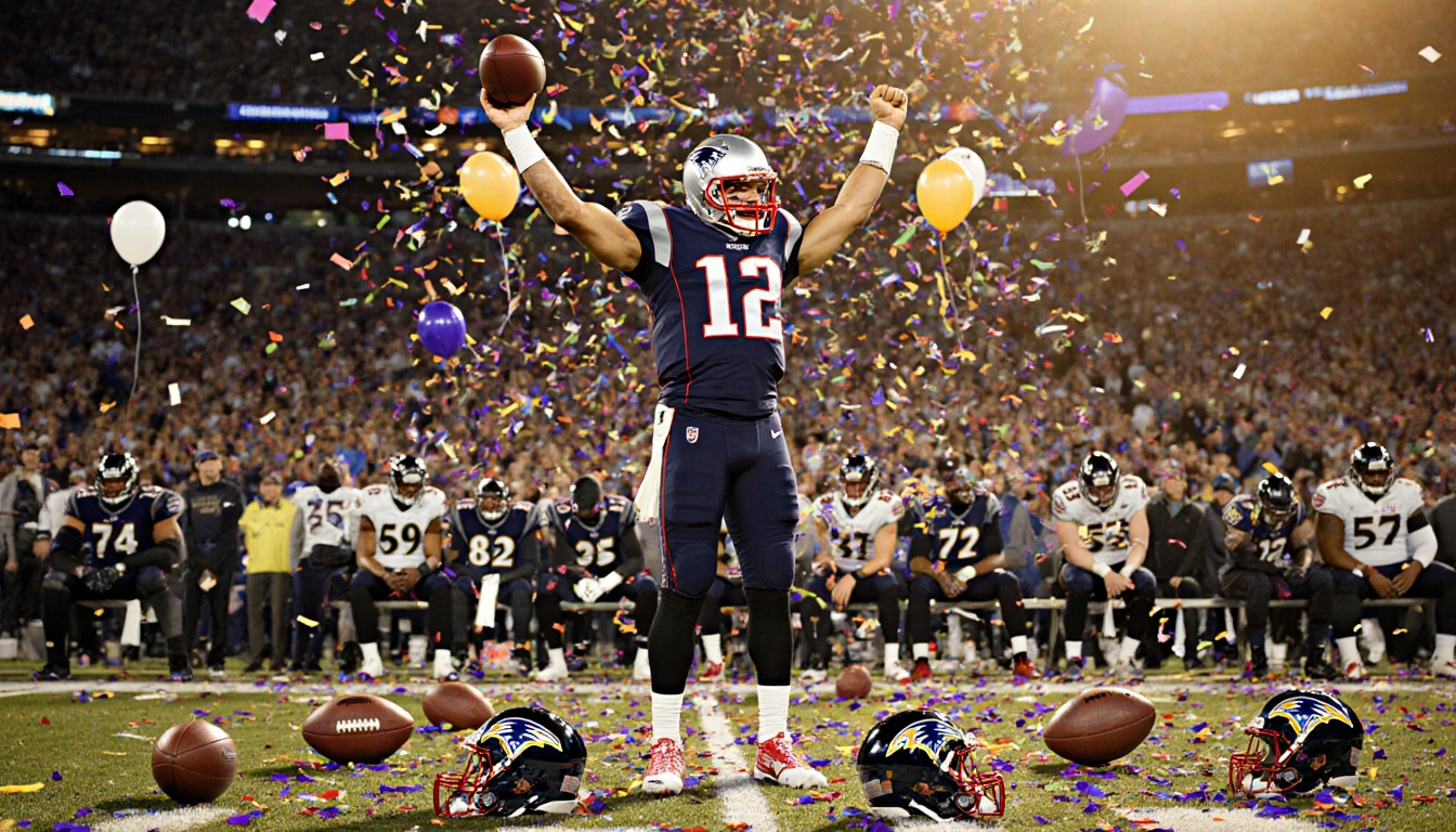 Quarterback Drake Maye raising arms in victory with confetti and balloons erupting and Ravens bench slumped behind him