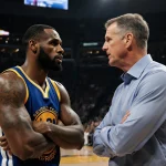 Draymond Green and Steve Kerr face off in tense standoff with arms crossed and determined faces illuminated by dim Warriors l