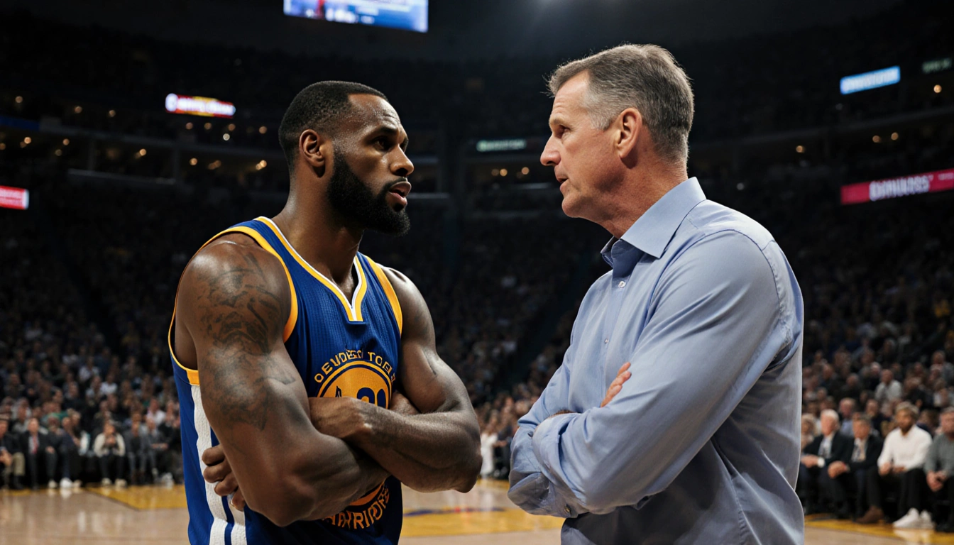 Draymond Green and Steve Kerr face off in tense standoff with arms crossed and determined faces illuminated by dim Warriors l