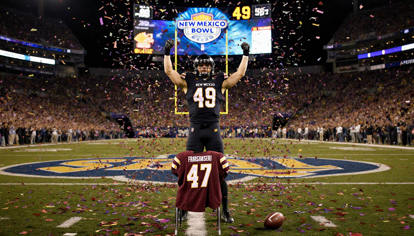 Drew Mestemaker raising arms with confetti and the New Mexico Bowl logo behind him and a scoreboard reading 49-47