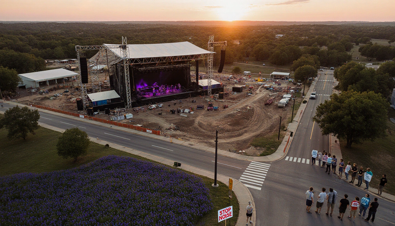 Large concert venue under construction dominates sunset view with wildflowers and protest signs.