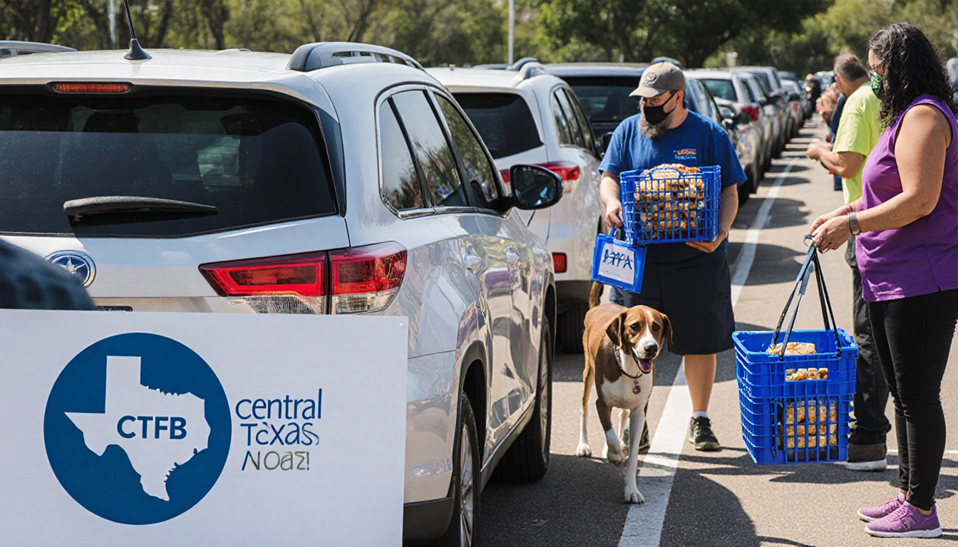 Volunteers handing food baskets and pet food crates to recipients with CTFB and APA signs in a drive-up distribution line