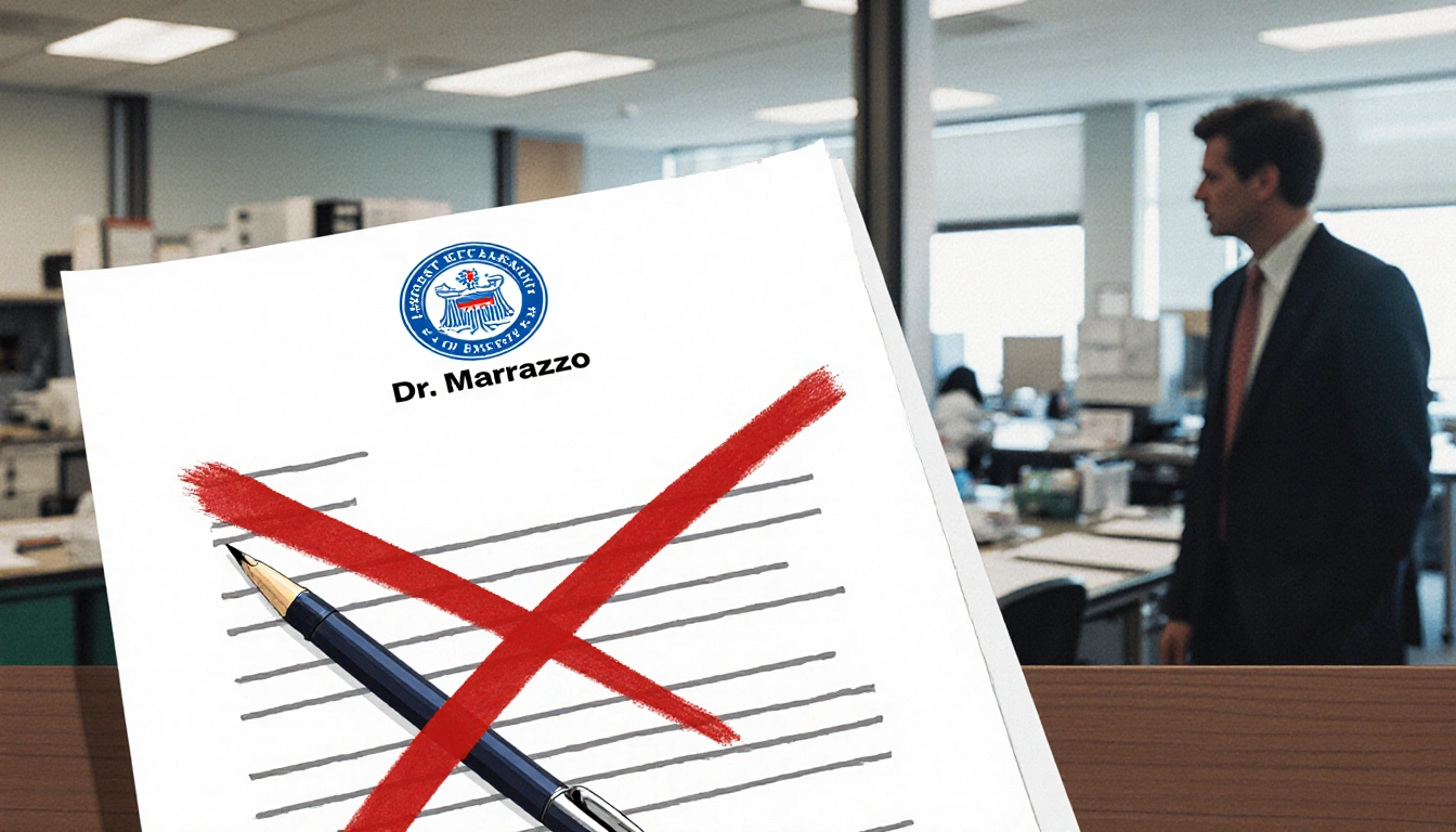 Termination letter crossed by red pen with blurred NIH lab background and shadow of RFK Jr. looming.