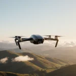 Drone soaring over rolling hills with golden sunrise light and blue sky and subtle clouds.