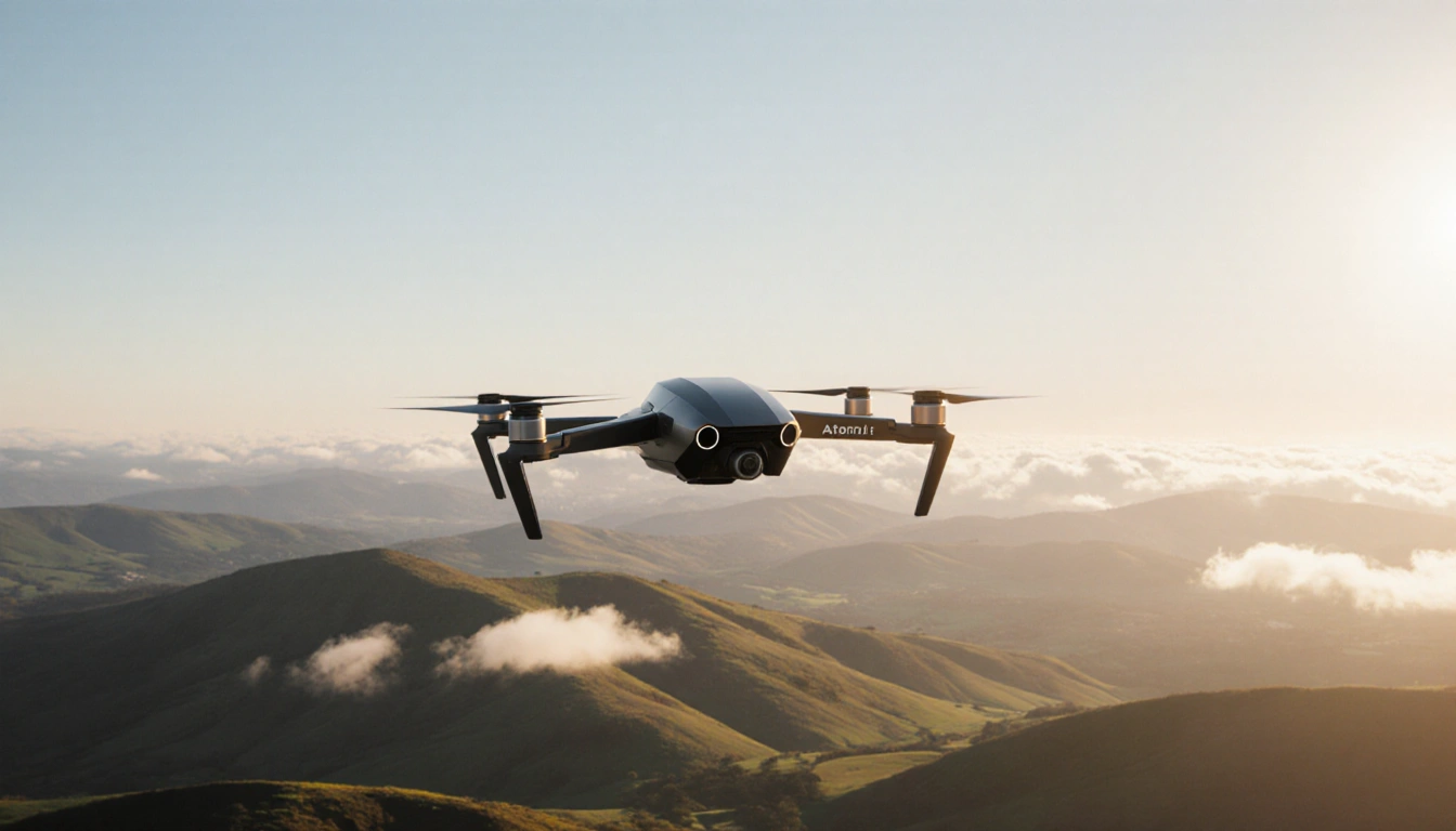 Drone soaring over rolling hills with golden sunrise light and blue sky and subtle clouds.