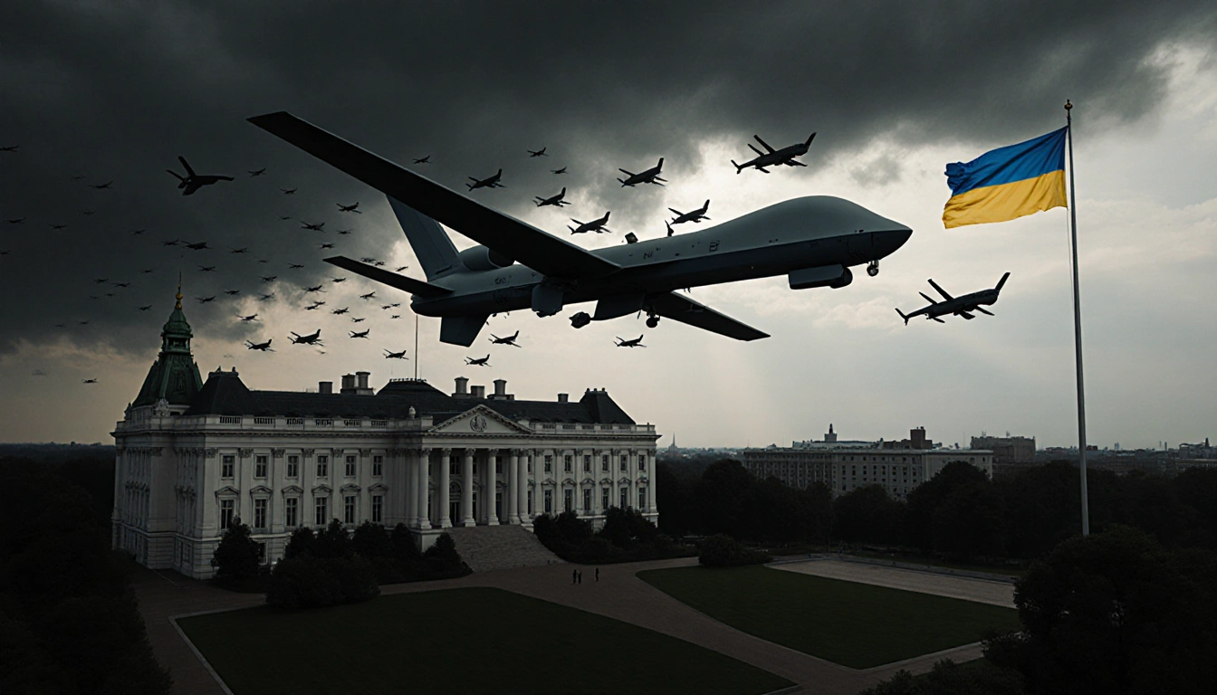 Long-range drone hurtling toward presidential retreat with swarm of smaller drones and Ukrainian flag silhouette in stormy sk